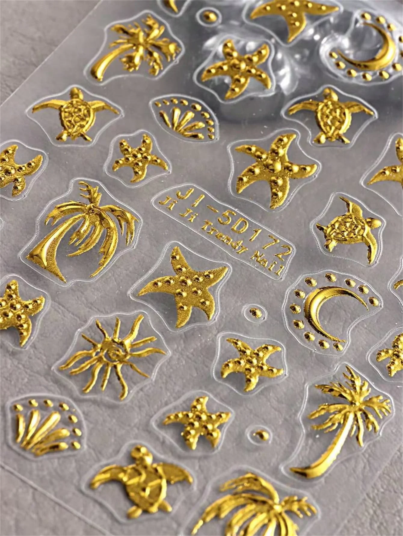 2 Sheets Hot Stamping 5D Embossed Nail Stickers, Y2K Cute Ocean Theme Golden Decals with Coconut Trees, Turtles, Stars & Moon Pa