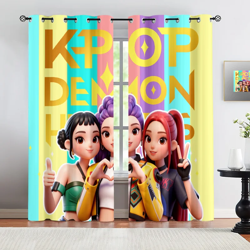2pcs Kpop Anime Girl Group Curtains Colorful Striped Print Thermal Insulated Blackout Drapes For Bedroom K-Pop Fans Home Decor
