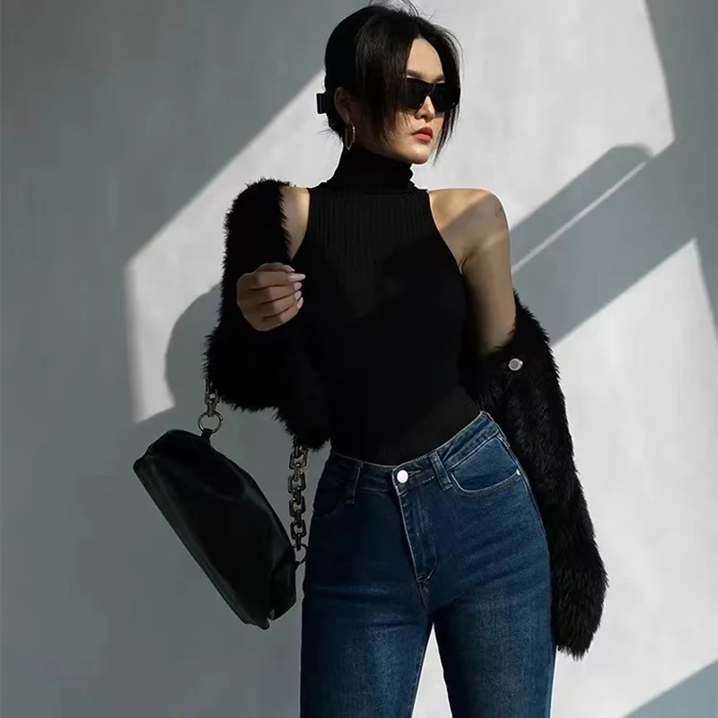 HELIAR Women Black Off Shoulder Tank Tops Turtleneck Y2K Tops Women 2023 Summer Knitted Tees Hot Skinny Round Neck Solid Cloth