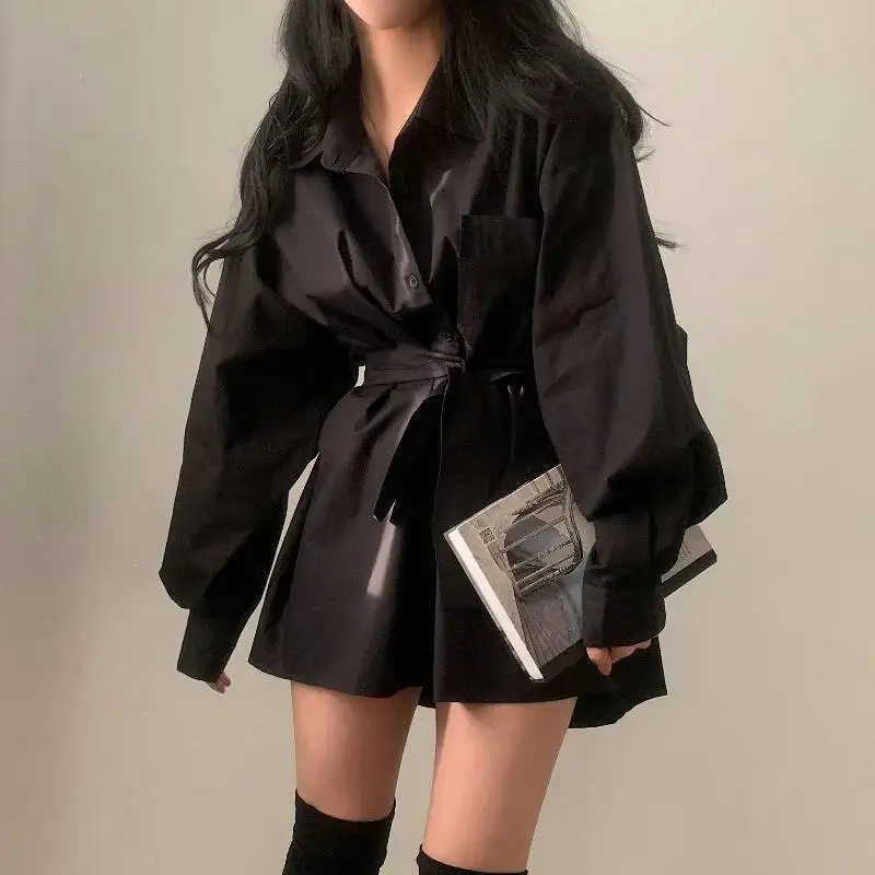 

Chic Spring Simple Pure Color Lazy Sle Loose Slimming Versatile Belt Waist Inward Mid-Length Irt Ort Skirt