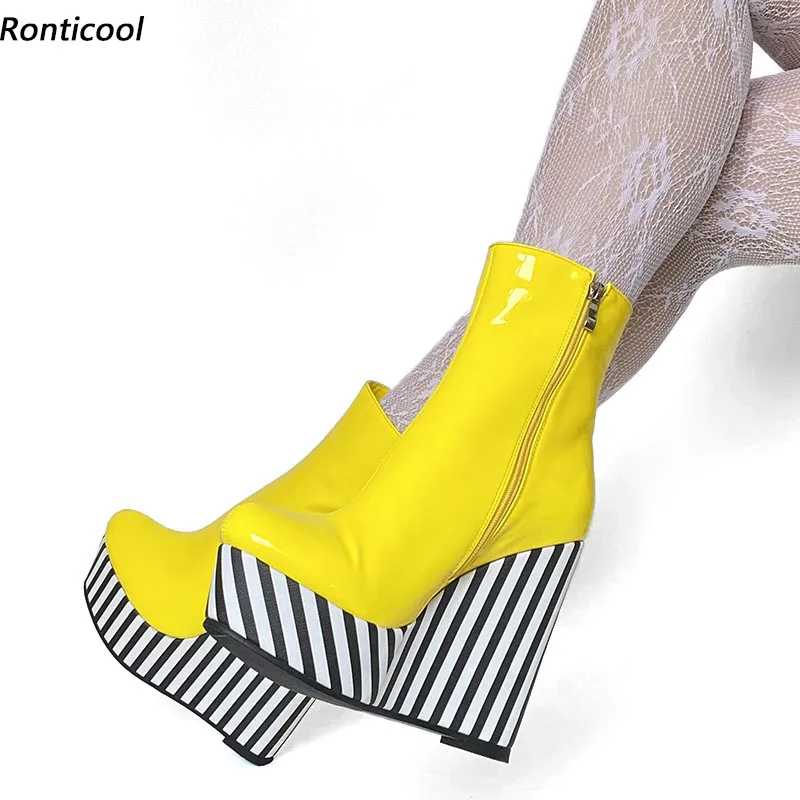 

Ronticool New Women Winter Ankle Boots Patent Wedges Heels Round Toe Black White Striped Cosplay Shoes Ladies Plus US Size 5-20