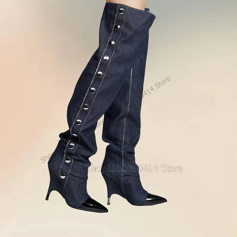 Blue Denim Patchwork Button Decor Pointed Toe Boots Slip On Women Shoes Strange Style Heels New Fashion 2023 Zapatos Para Mujere