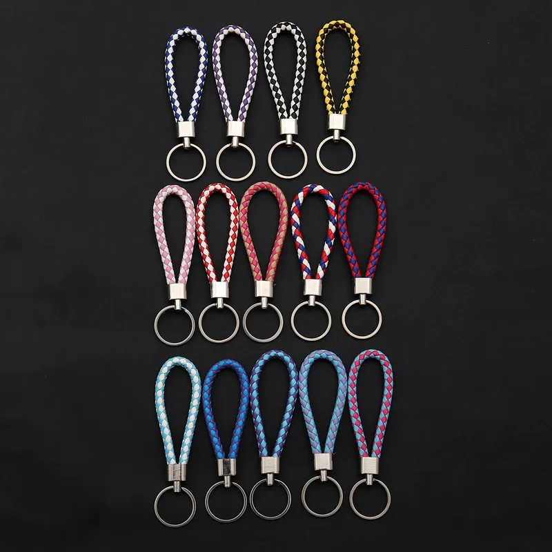 50pcs Colorful PU Leather Braided Woven Rope Keychains DIY Bag Key Pendants Car Trinkets Keyrings Wholesale Jewelry Party Gift