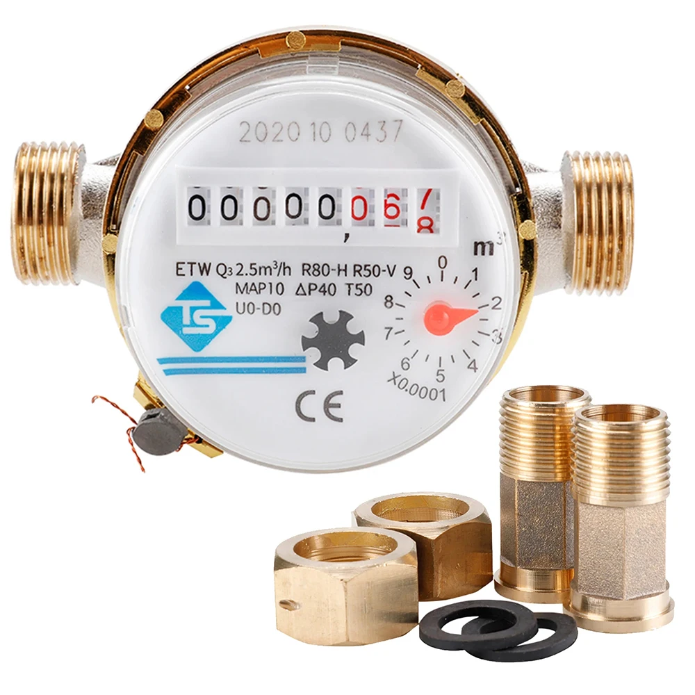 15MM Cold Water Meter Read of Cubic Flow Meter 360° Adjustable Rotary Counter 1/2 Inch Water Measuring Meter 0.0001 TS-S3003E