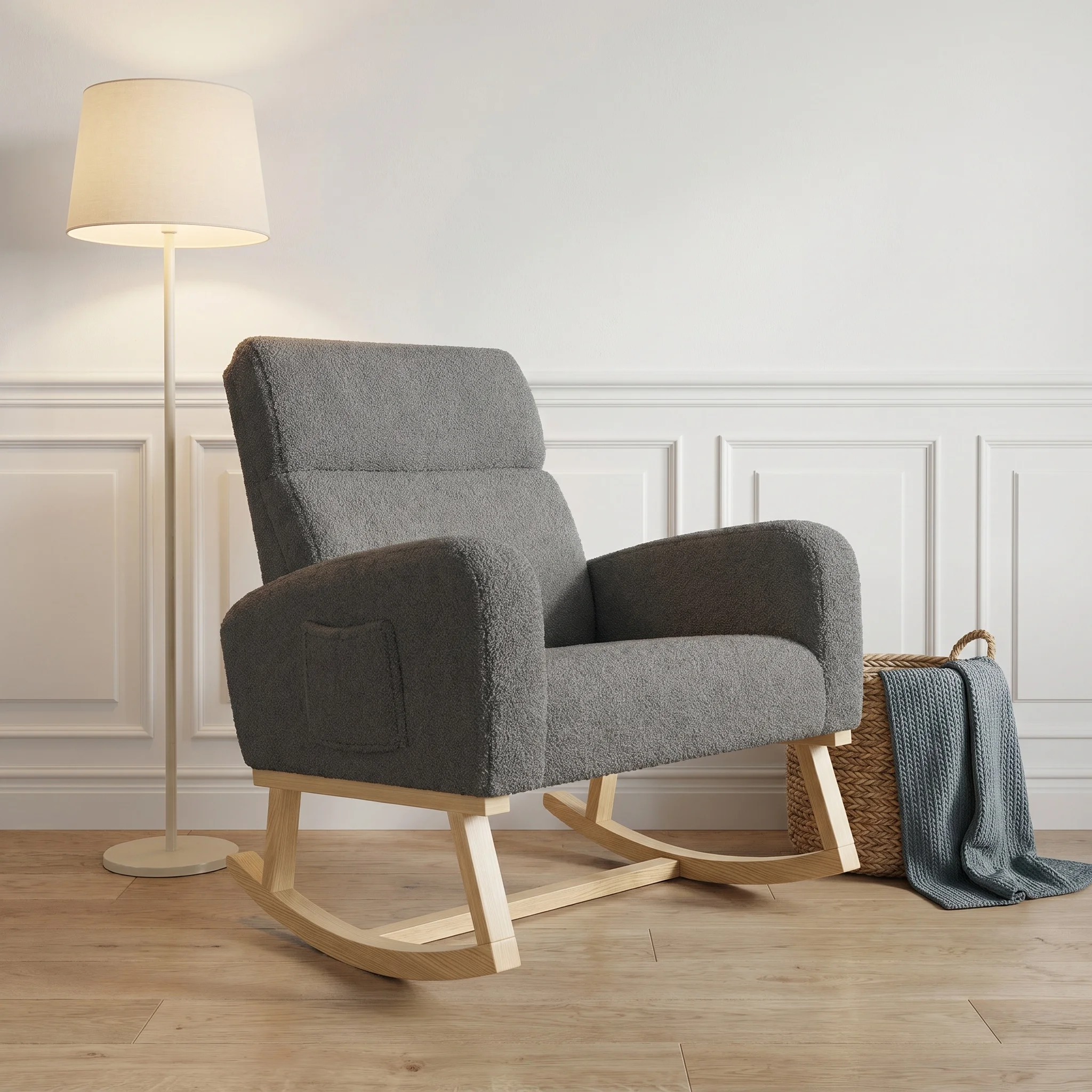 Anajqaqia Loungesessel, Schaukelstuhl, Sessel mit Seitentaschen und Massivholzgestell, mit Rückenlehne, Wohnzimmerstuhl für Wohnzimmer und Schlafzimmer