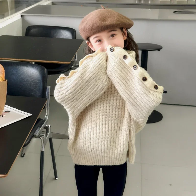 

Children 2025 New Autumn Winter Fashion Simple Casual Sweater Clothes Korean Simple Style Top Baby Girls Beige Sweater Top