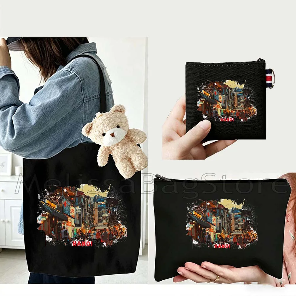 4PCS Gifts Set Hanoi Vietnam White Canvas Tote Bag Handbag with Doll Key Coin Purse Cosmetic Makeup Toilet Bag Case Pouch