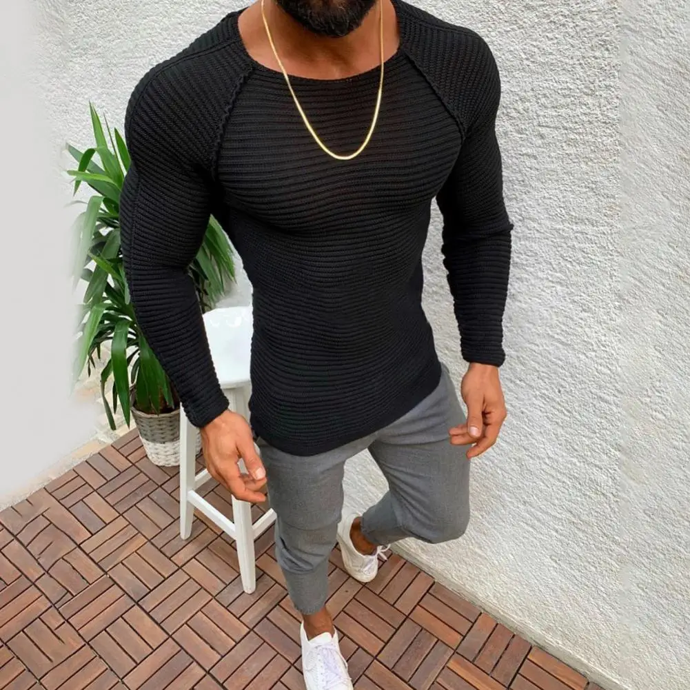 Men Sweater Solid Color Soft Elastic Round Neck Warm Patchwork Crew Neck Knitting Spring Sweater for Home Spring Sweater