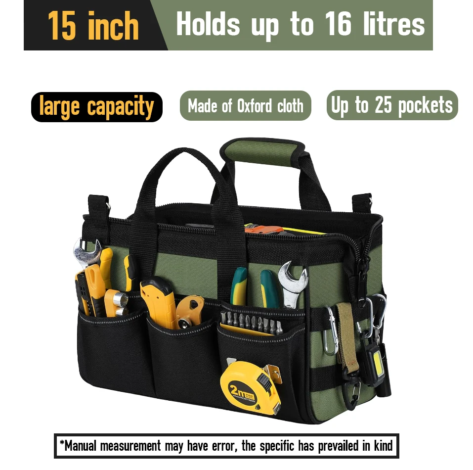 

New Heavy-Duty 15-Inch Tool Bag with 16 Pockets an Adjustable Shoulder Strap for Organizing and Storing Electrician Tools