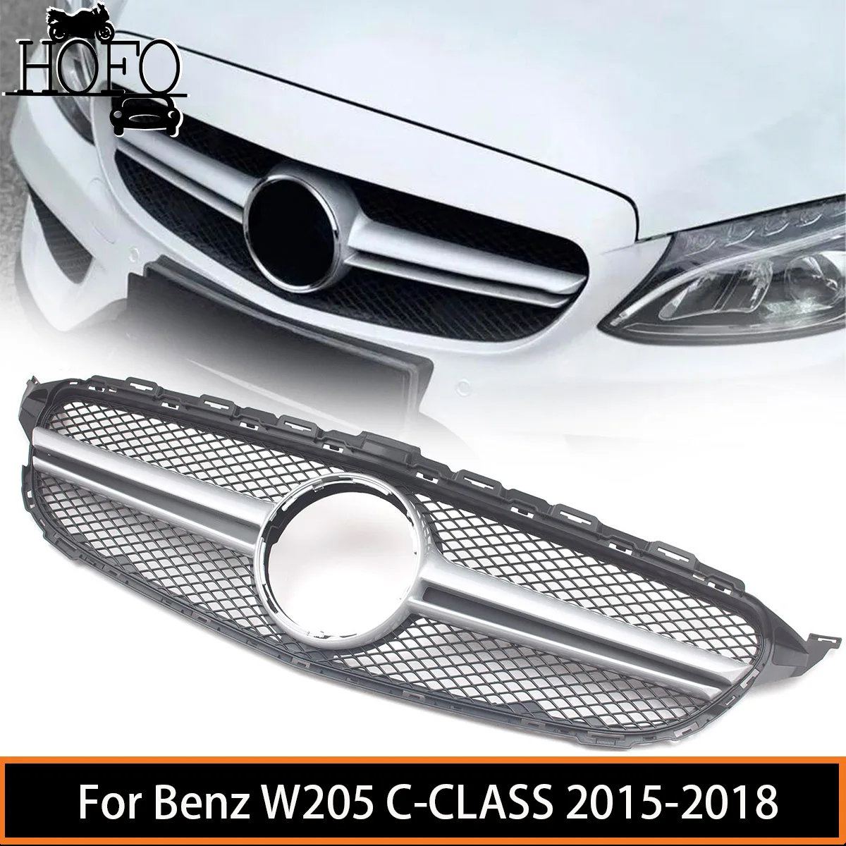 

Car Front Bumper Grille Hood Grill Silver Fins Black Mesh Car Accessories For Benz W205 C-CLASS 2015-2018