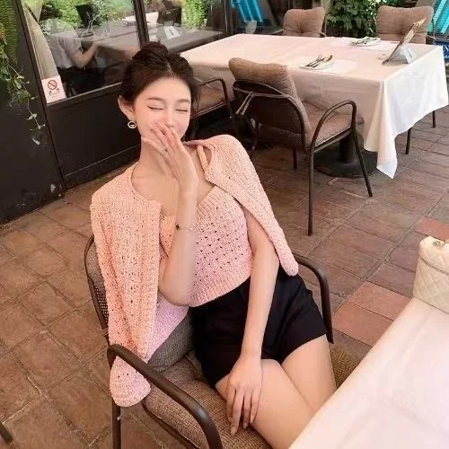 

Парижский милый розовый романтический ажурный кардиган на бретельках, верхняя одежда для женщин, свободная длинная одежда для поездок на работу...