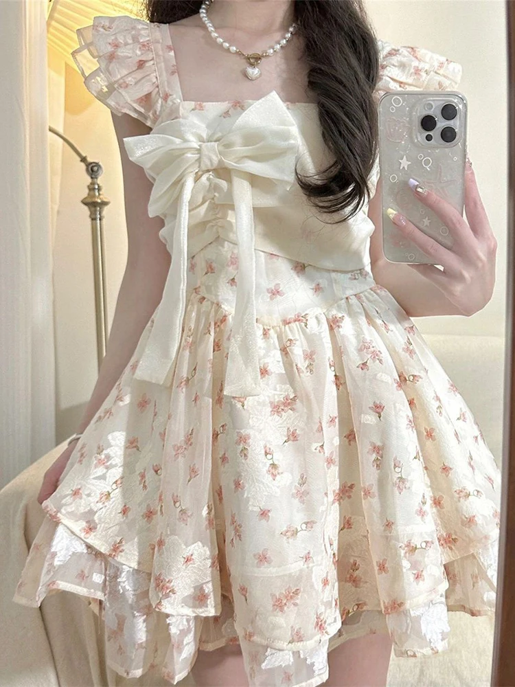 Jmprs Floral Süße Nette Bogen Kleid Frauen Schlank Vintage Fliegen Sleeve Mini Kleid Sommer Elegante Vintage Französisch Sexy Dame Vestidos