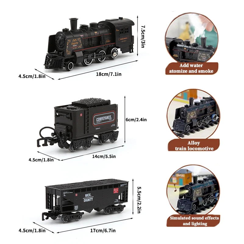 Alloy Black Railway Train Add Water Emit Smoke Toy Metal Carriage Train Track Toys Locomotive with Sound&Light Steam train ﻿