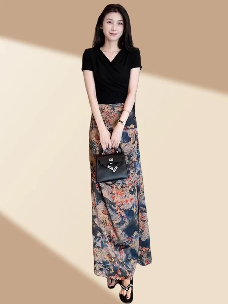 

Summer Fashion Set Back Strap T-shirt Elegant Casual Vintage Print Slit Large Size Half Skirt Two-piece Set High Waist Pants