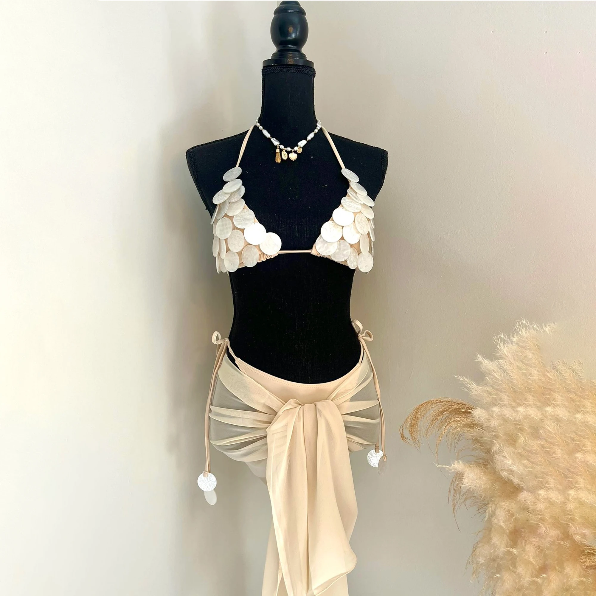 Traje de baño de concha de 3 uds, Bikini con falda, traje de baño para mujer, traje de baño separado con realce, traje de baño