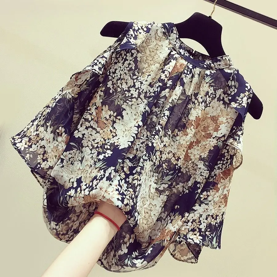 Fashion Elegant Floral Off Shoulder Chiffon Shirt Summer New Women Clothing O-Neck Ruffles Loose Casual Pullovers Blouses Female