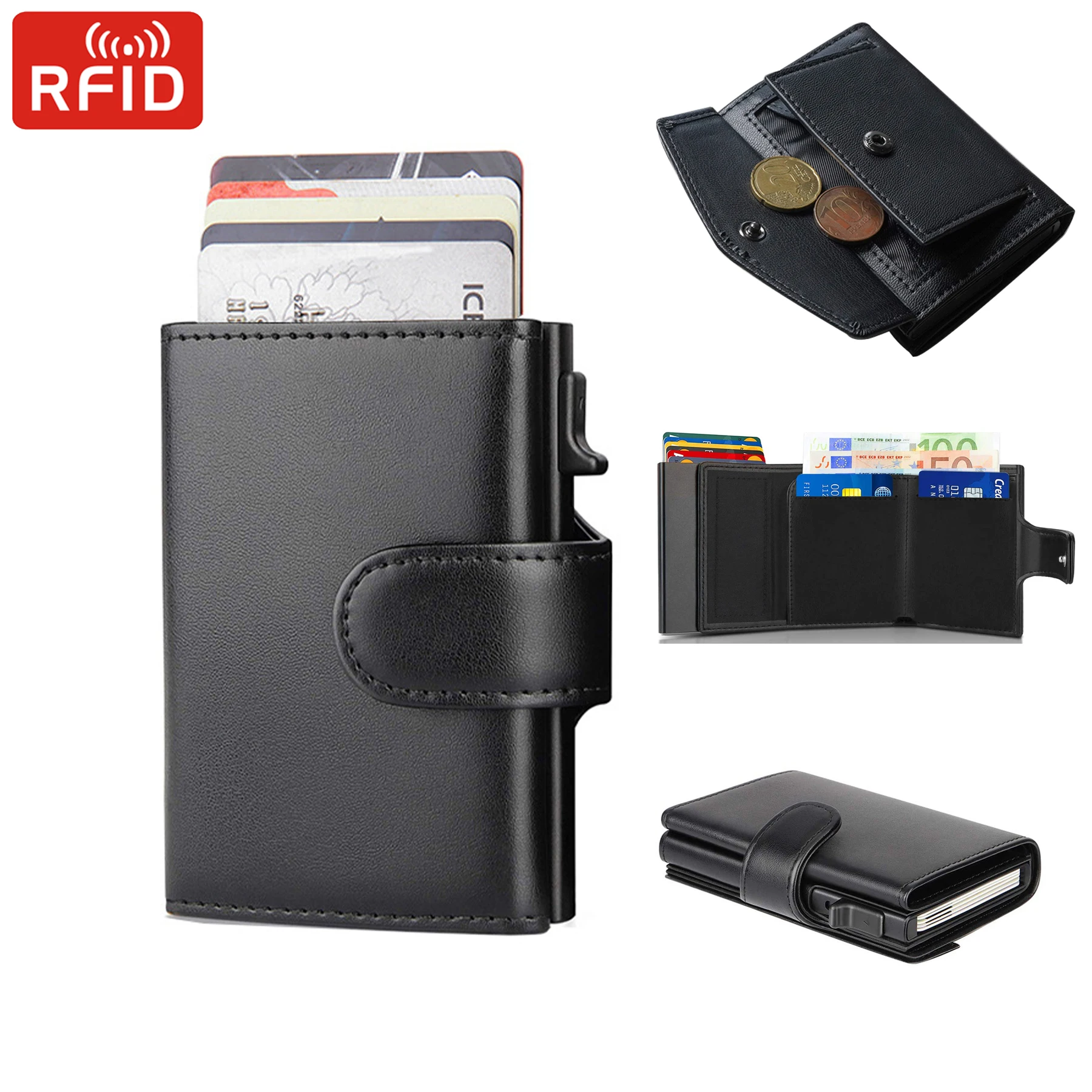 Portefeuille à trois volets en cuir microcarence Rfid pour hommes, porte-cartes, sacs d'argent, poche à monnaie mince, sac à main intelligent, mode