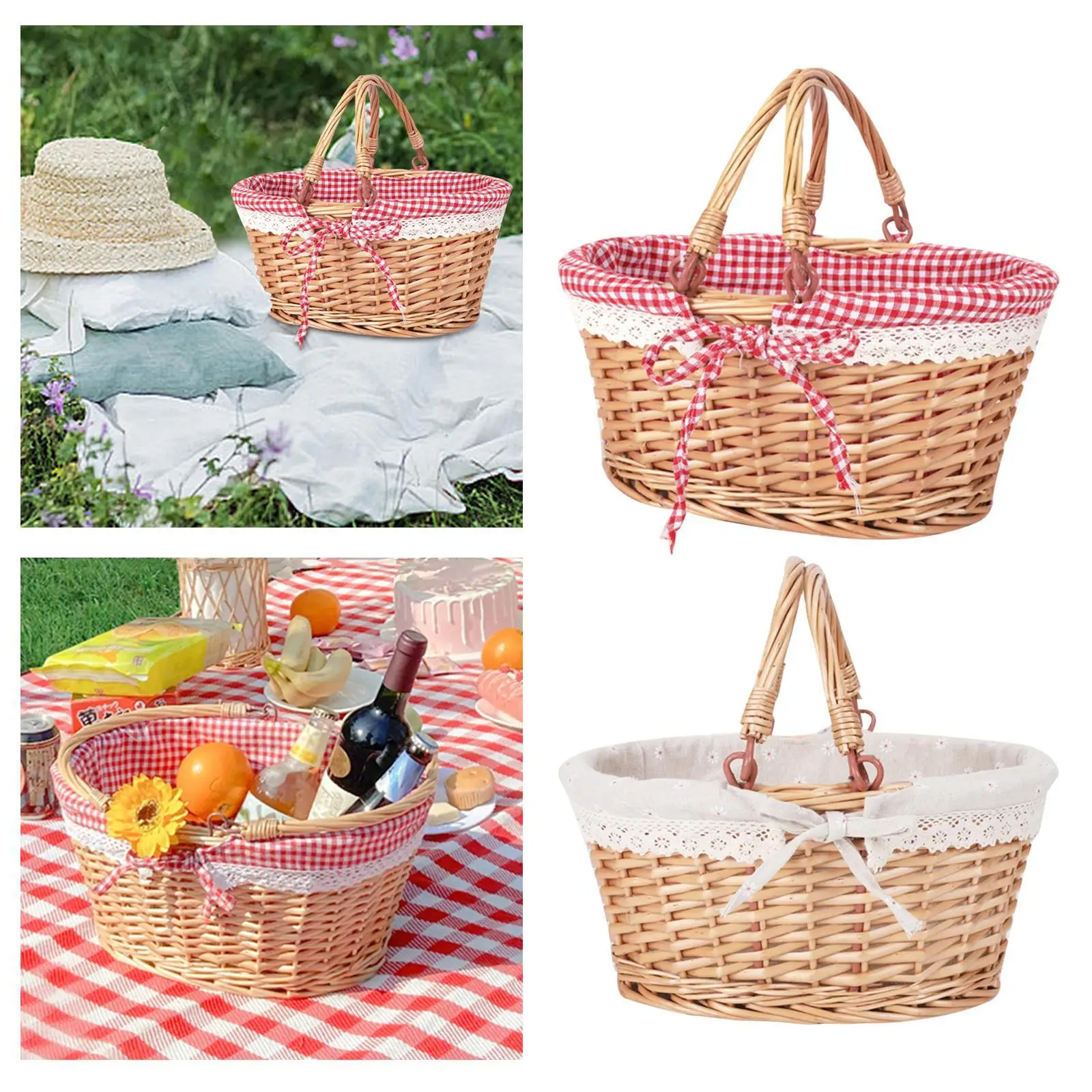 

Picnic Basket with Handle Rattan Storage Organizer Handmade Serving Basket Hand Woven Basket for Farmhouse Garden Party Holiday