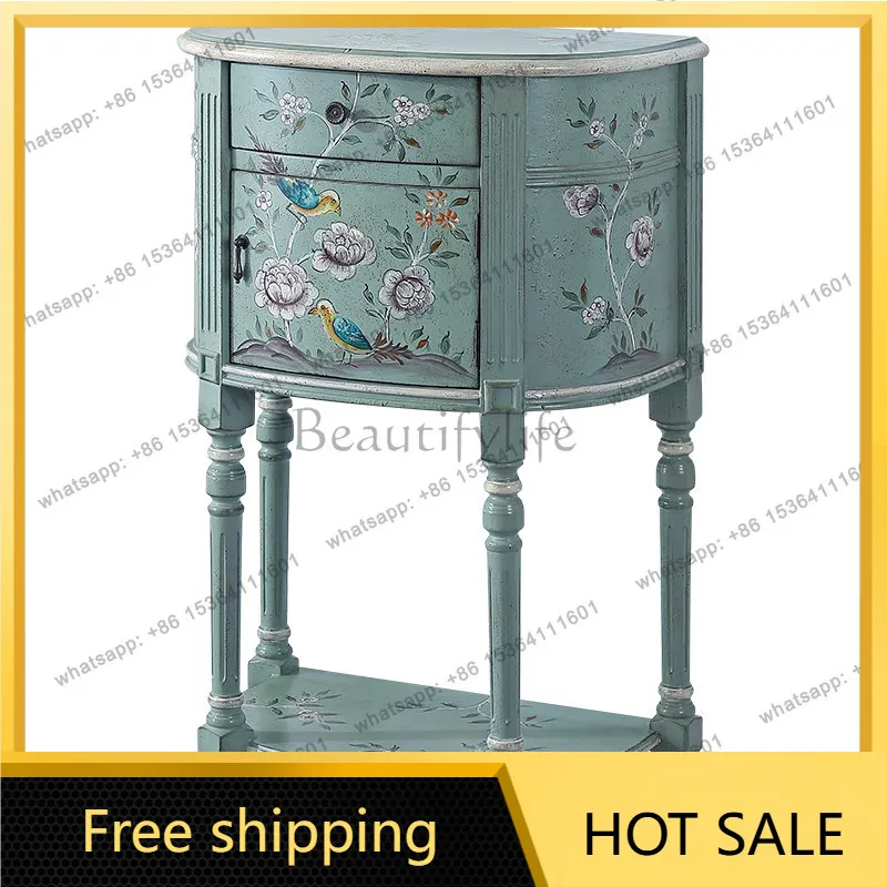 XX. American vintage blue semi-circular entryway table solid wood painted living room side table