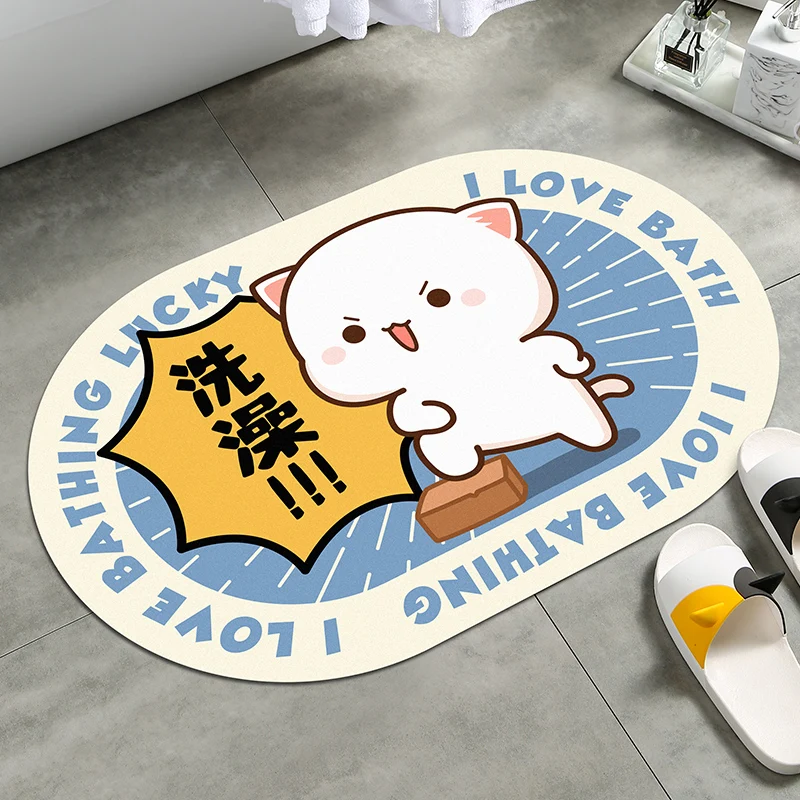 Kawaii Honey Peach Cat Diatom Mud Soft Door Mat Bathroom Absorbent Floor Mat Foot Mat Anti Slip Carpet Toilet Doormat Girl Heart