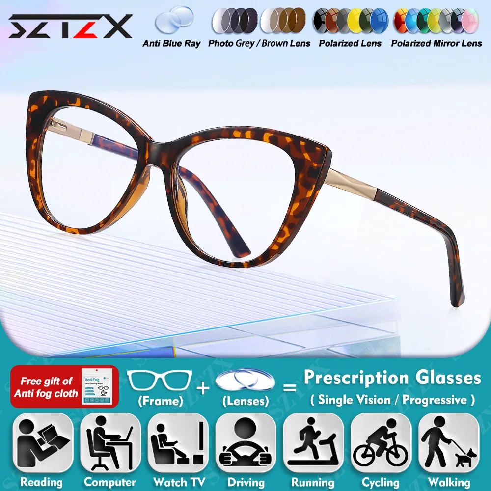 

SZTZX New Design Women Cat Eye Myopia Prescription Glasses High Quality Anti Blue Light Reading Progressive Photochromic Eyeware