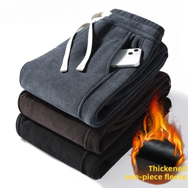 

American Retro Thiened Corduroy Men's Casual Pants Winter Warm Fce Lined Sports Loose Long Trousers for Working