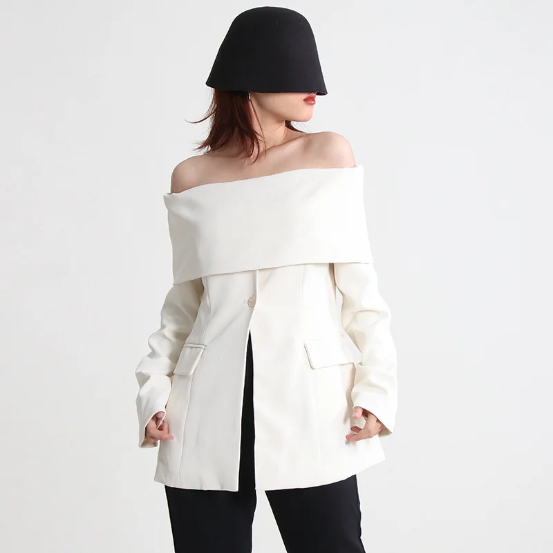 2024 New Outerwear Chic Women Slash Neck Blazer Off Shoulder Single Button Western Clothes White long sleeves Jacket Chaqueta