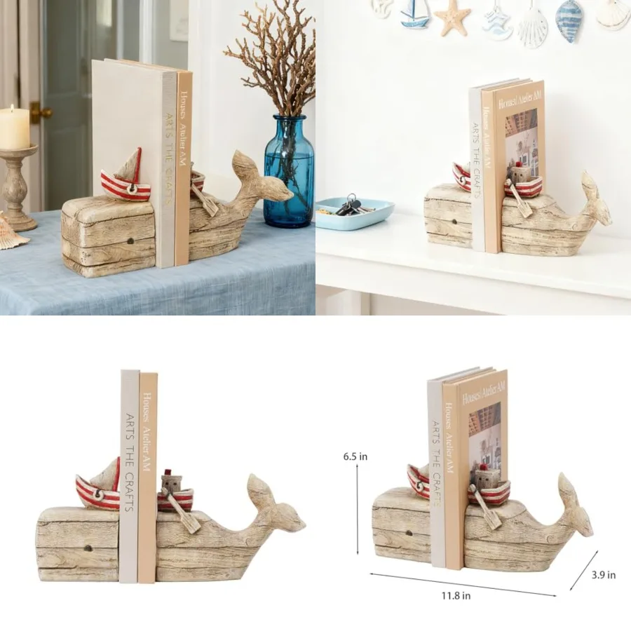 

Whale Decorative Bookends Book Holder - Distressed Finish Resin Cute Bookend Set with Sailboat Nautical Book Shelf Decor for Li