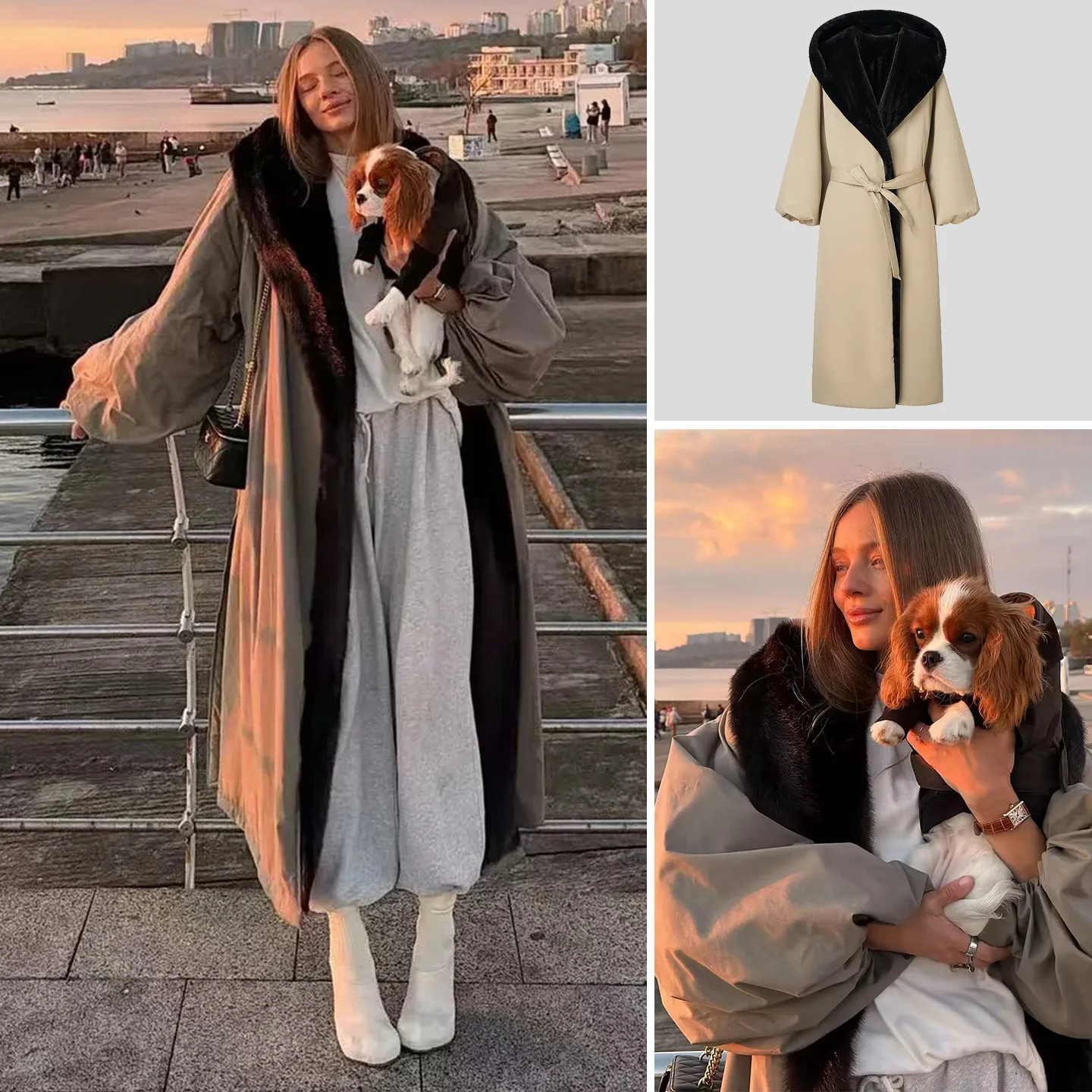 

Spring New Arrival Women's Casual Sle Coat with Knot Long Sve Faux Fur Hooded Mid-Length Woolen Outerwear