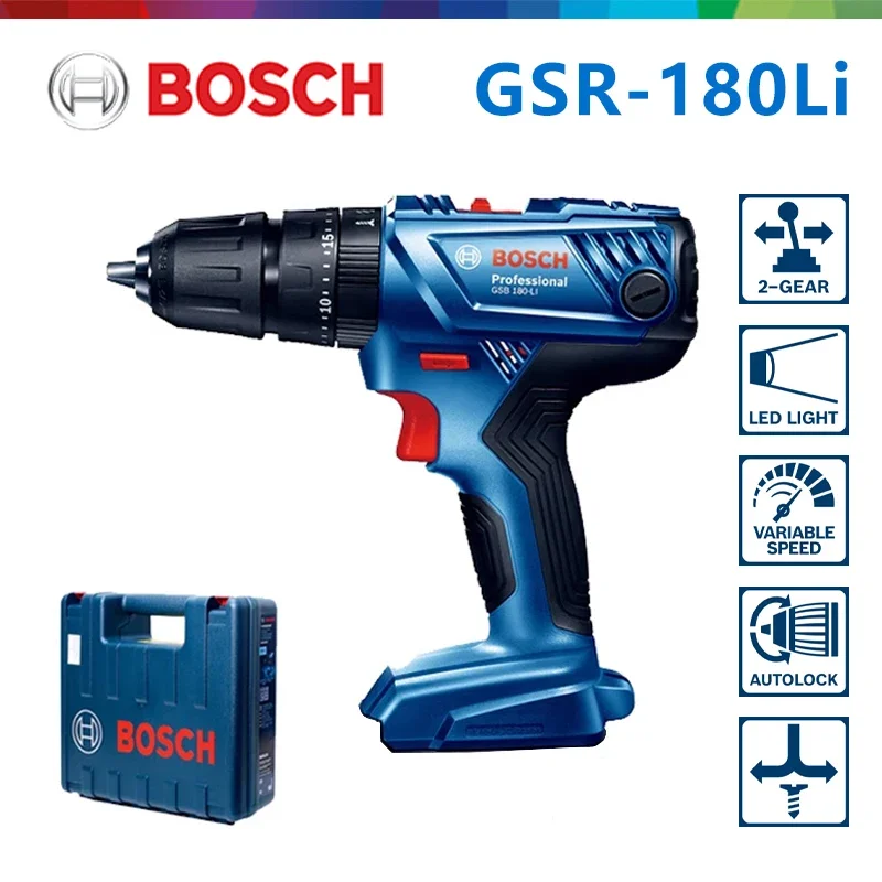 

Электрическая дрель Bosch GSR 180 Li, 18 В, аккумуляторная ручная дрель, электрическая отвертка, 2 скорости, 21 набор крутящего момента, вращающийся электроинструмент Bosch