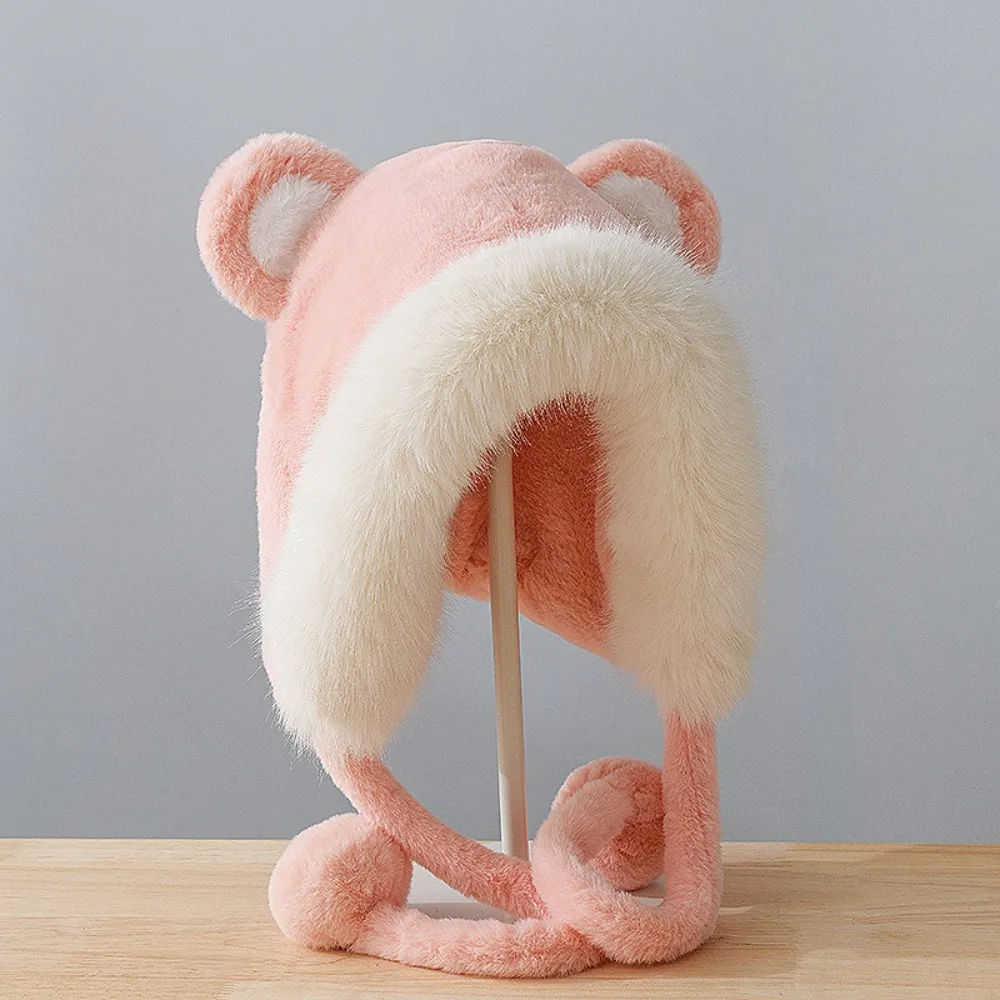 女性のクマの耳ポンポン帽子、ふわふわの冬の帽子、暖かい耳の保護、厚いニットビーニー、かわいいファッション
