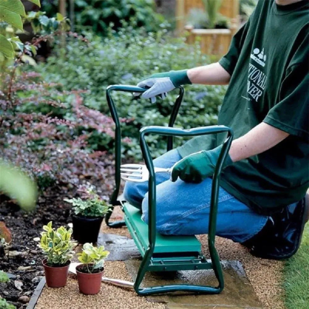 Silla plegable de jardín portátil, taburete de descanso, asiento de espuma EVA, almohadilla para arrodillarse con bolsa de herramientas desmontable