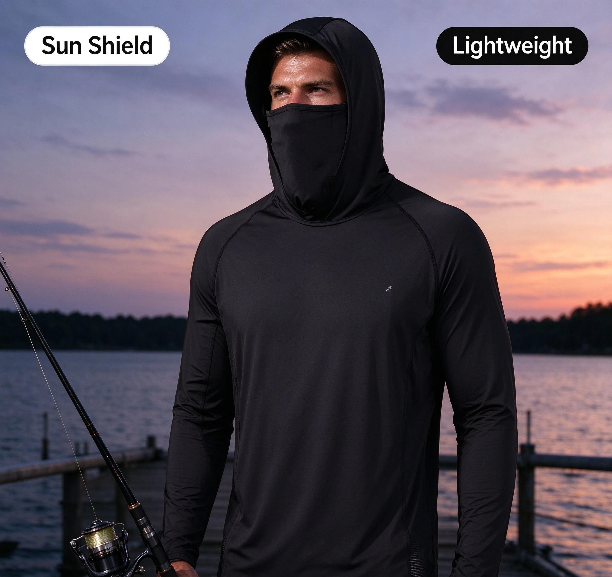 Mens Fishing Hooded Shirt UPF50 Sun Protection Face Cover Long Sleeve Quick Dry Solid Black Outdoor Cycling Running Lightweight