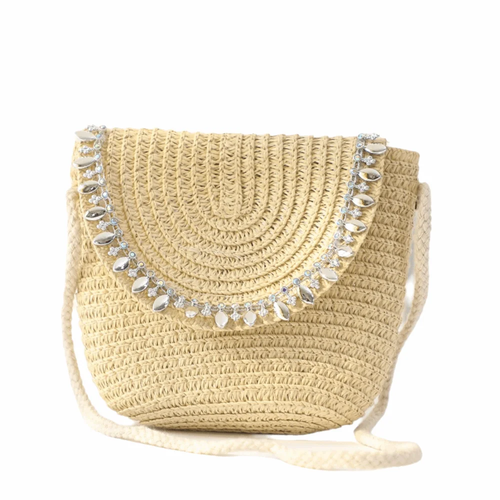 

Handmade Rattan Diamond Design Straw Bag Knit Texture Half Round Crossbody Handbag Mini Handbag Small Purse Beach Bag Women Use
