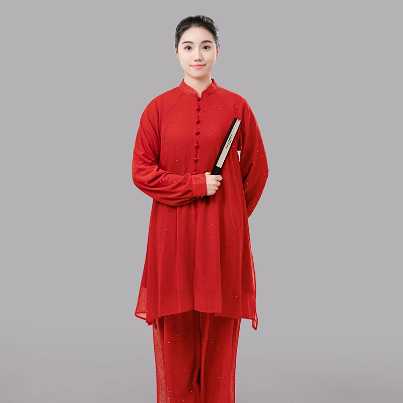 2025 Women's Double Layer Silver-Speckled Gauze Tai Chi Suit, Flowy Chinese Style Baduanjin Practice Uniform