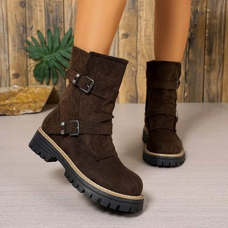 Women's 2025 New Autumn Retro Versatile Skinny Maillard with Platform Booties