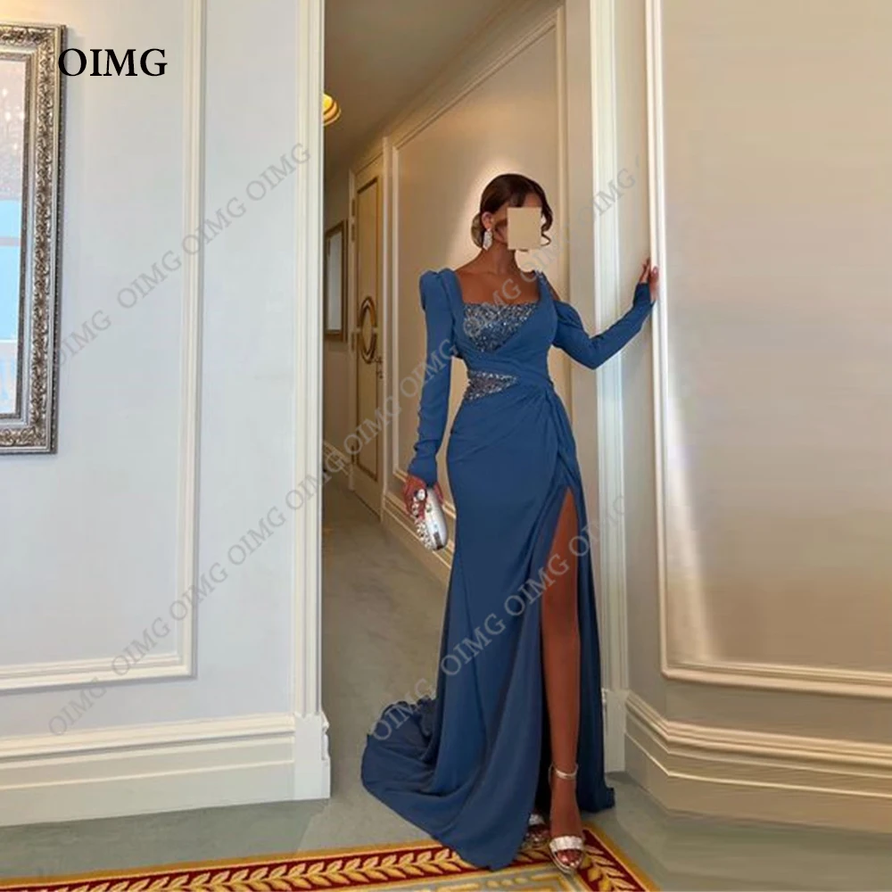 

OIMG Special Blue Long Sleeves Shiny Evening Dresses Prom Gowns Square Neck A Line Leg Slit Formal Occastion Party Night Dress