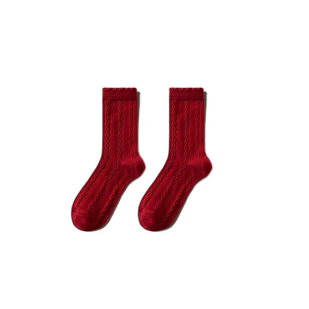 

Good Luck Bowknot New Year Women's Socks Ruffle Dots Autumn Winter Red Socks Mid Tube Flower Horse Year Red Socks Women