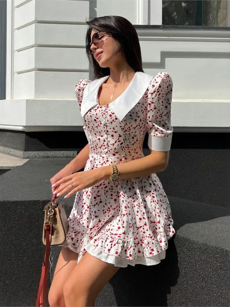 

Party Dresses For Woman Vacation Floral Print Short Sleeves Evening Dress Bodycon vestidos Package Hip V-link Temperament Trendy