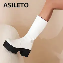 ASILETO stivali a metà polpaccio 30cm punta tonda tacco largo 7.5cm piattaforma con cerniera Hill 4.5cm Plus Size 43 colore misto conciso S4401