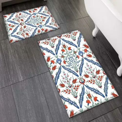 Else Carpet Else Blue Red Tulips Tile design 2'li Toilet Seat Pad Bath Mat Set Mat