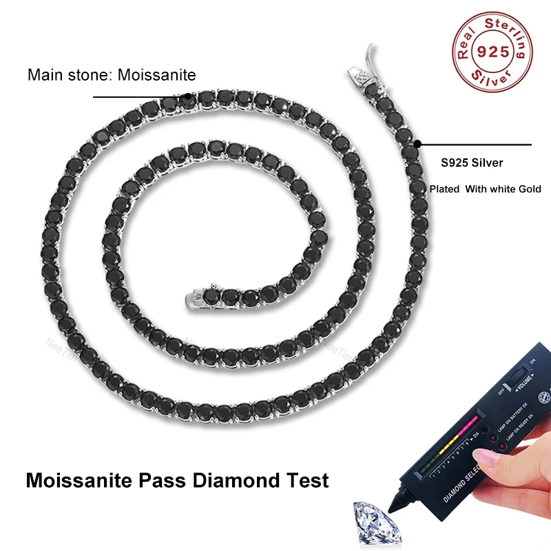 NeeTim 3/4/5/6.5mm Black Moissanite Tennis Necklace for Women Man 925 Silver with Gold Plated Neck Chains Hiphop Party Jewelry