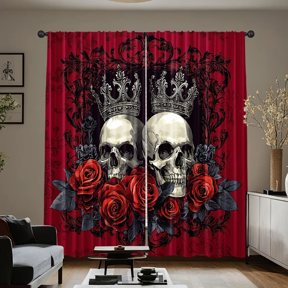 2PCS Digital Print Curtains Trendy Skull Print Gothic Rod Pocket