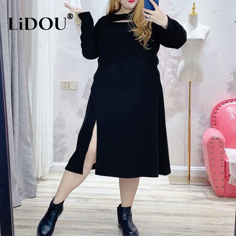 Outono inverno nova moda plus size preto sexy vestido sólido mulheres coreano moda oco para fora chique vestido de festa de senhora de grandes dimensões