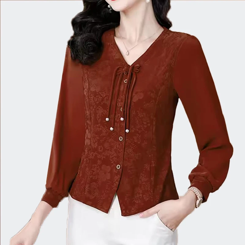 

Chic Chinese Style Lace-Up Slim All-match Women Shirts And Blouses Long Sleeve Elegant Simplicity Tops Vintage Female Clothing