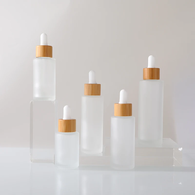 30ml 50ml 60ml 80ml Flat Shoulder Frosted Glass Serum Dropper Bottle Bamboo Top Skincare Face Serum Glass Dropper Bottle