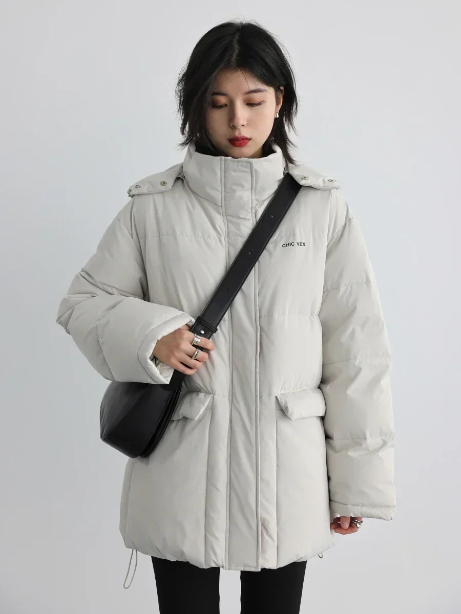 CHIC VEN Women\'s Down Coat Solid Thick Detachable Hooded 90 White Duck Down Mid Length Female Down Jacket Winter Overcoat 2023