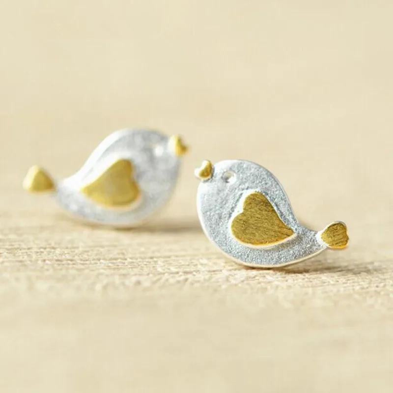 Personality Cute Animal 925 Sterling Silver Jewelry Brushed Bird Heart-shaped Stud Earrings Wholesale  E114