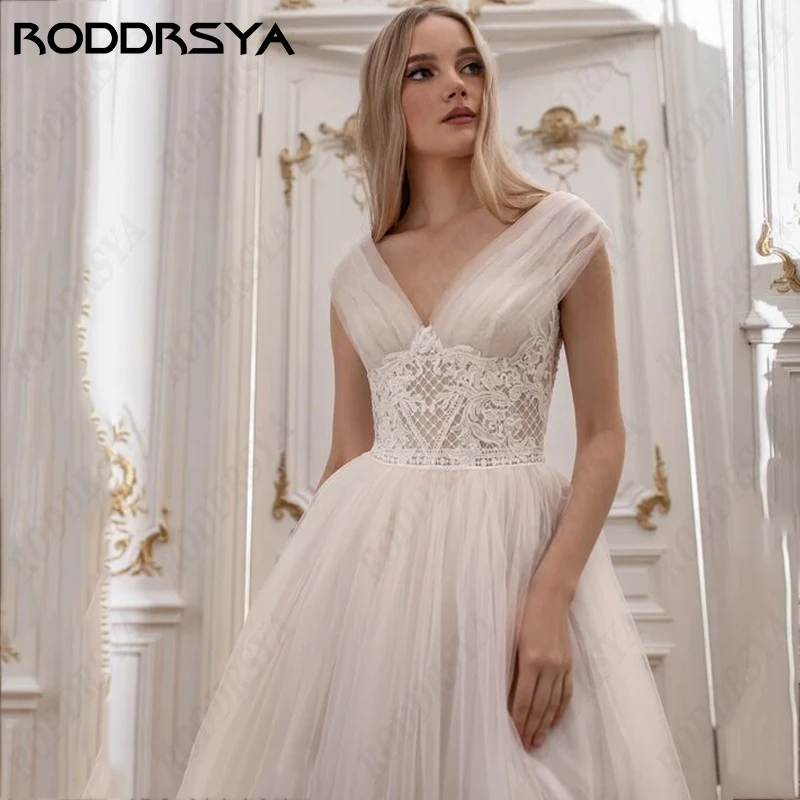 RODDRSYA gaun pernikahan elegan kerah V A-Line untuk wanita romantis applique kain Tule Vestido De Novia Boho gaun pengantin Civil pantai