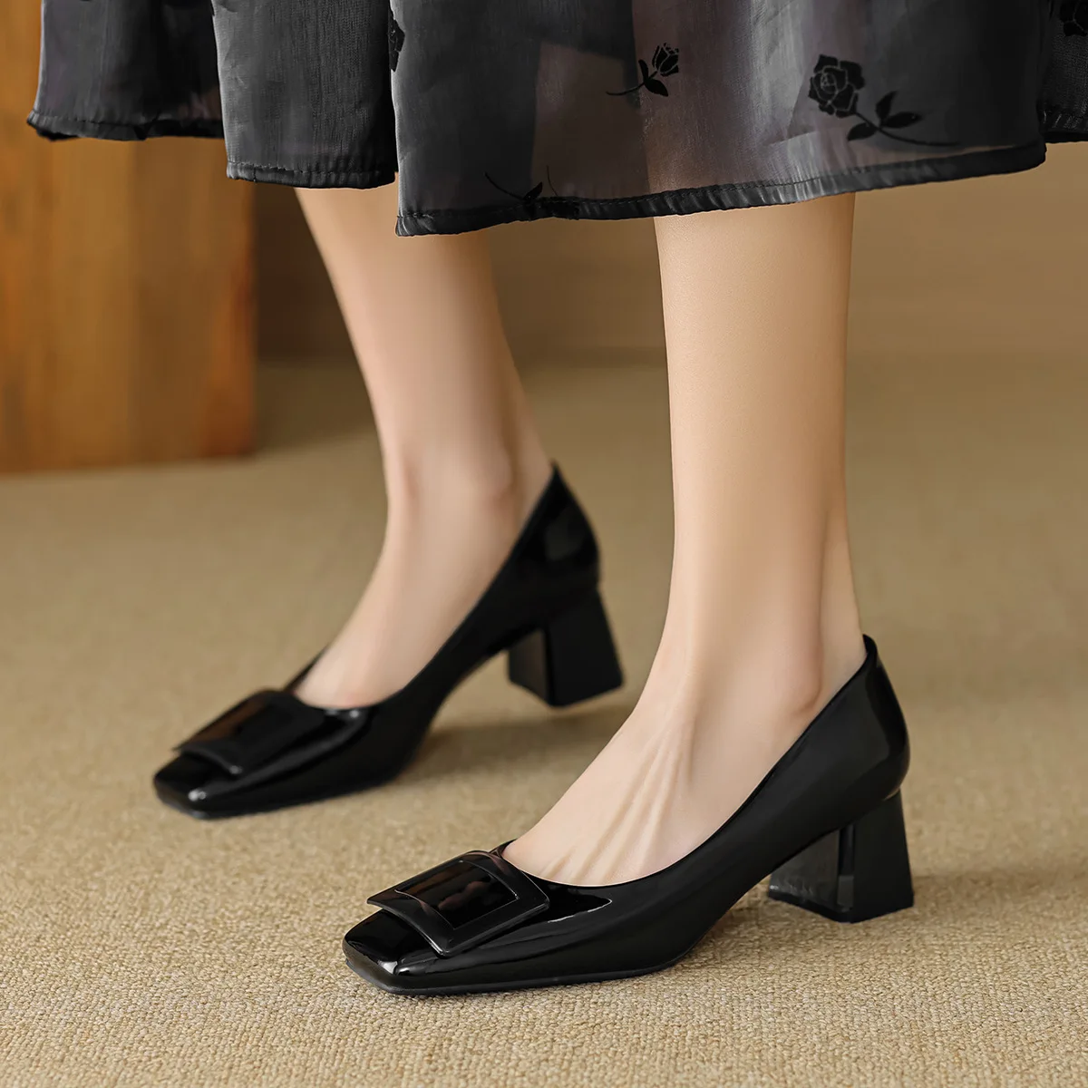 

Gorasion Mid-heel Pumps Women Square Toe Cow Leather Shallow Mouth Mary Janes Slip-on Soft Office Shoes Ladies Shoes Handmade